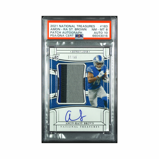 2021 NATIONAL TREASURES AMON - RA ST. BROWN #183 ROOKIE PATCH AUTOGRAPH PSA/DNA CERT NM-MT 8 AUTO 10